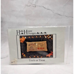 Holly House Designs Counted Cross Stitch Pattern Trick or Treat Halloween Pillow